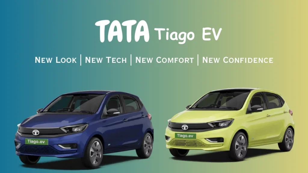 Tata Tiago EV showcasing its updated exterior design with LED headlamps, dual-tone roof, and Hyperstyle wheels.