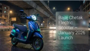 Bajaj Chetak Electric Scooter showcased in dark theme graphic ahead of January 2026 launch in India