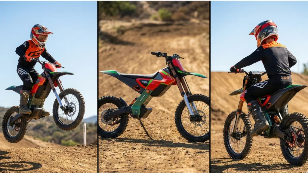 Vida Dirt.E K3 kids electric dirt bike side view and jump action on dirt track