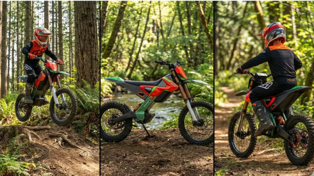Vida Dirt.E K3 kids electric dirt bike riding on off-road trail in India