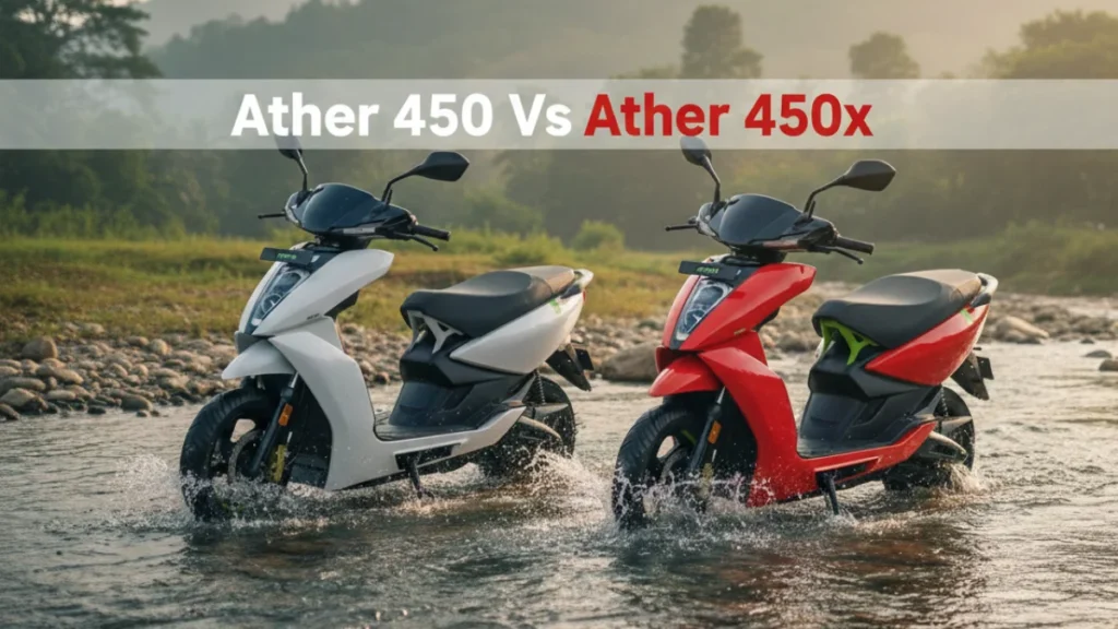Ather 450 vs Ather 450X electric scooters crossing a shallow river in India