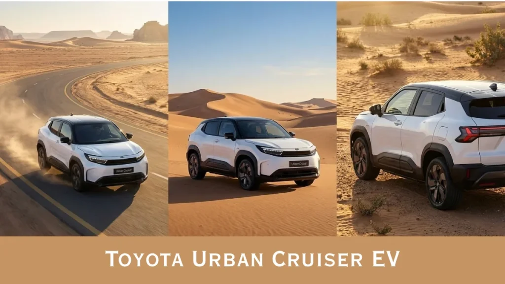 Toyota Urban Cruiser EV shown from multiple angles in desert setting ahead of expected India launch in 2026