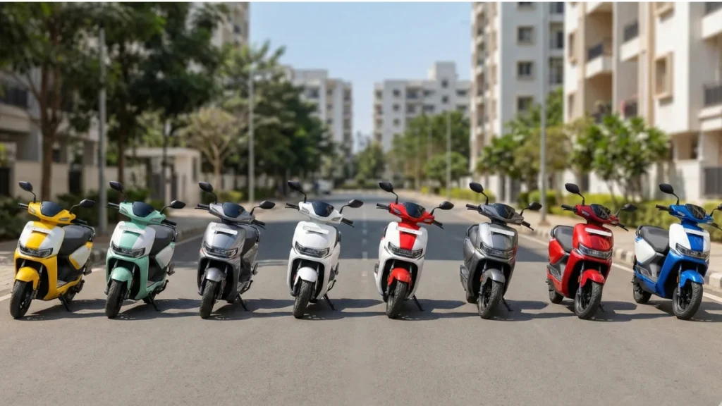 All colour options of Ather Rizta electric scooter displayed together on Indian roads
