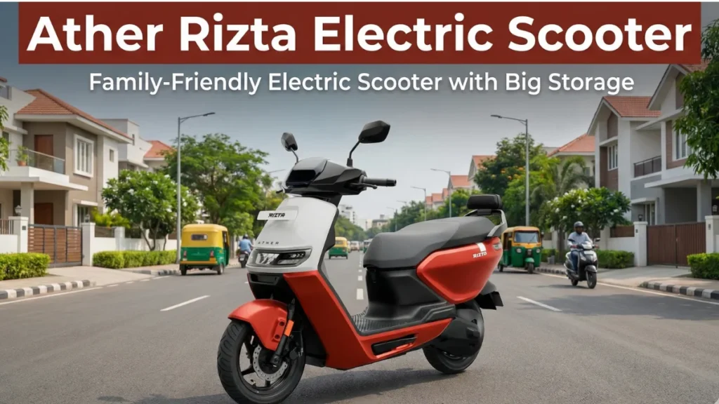 Ather Rizta electric scooter on Indian city road showing family-friendly design and modern styling