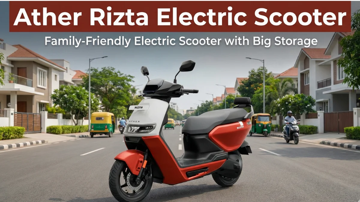 Ather Rizta electric scooter on Indian city road showing family-friendly design and modern styling