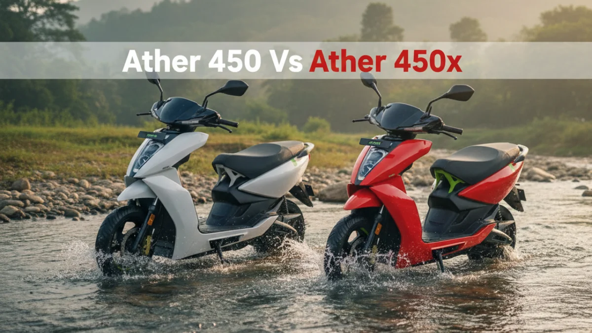 Ather 450 vs Ather 450X electric scooters crossing a shallow river in India