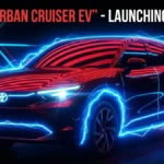 Toyota Urban Cruiser EV teaser image with neon lighting effects, highlighted text announcing January 2026 launch