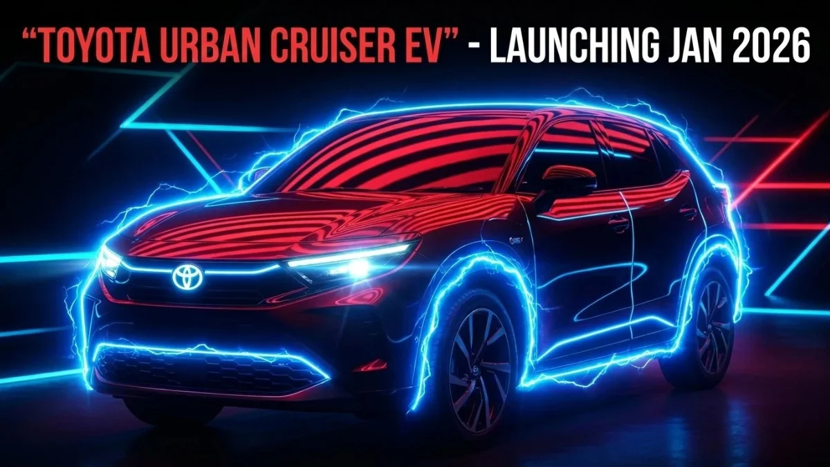 Toyota Urban Cruiser EV teaser image with neon lighting effects, highlighted text announcing January 2026 launch