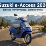 Suzuki e-Access electric scooter in mountain background during 2026 launch