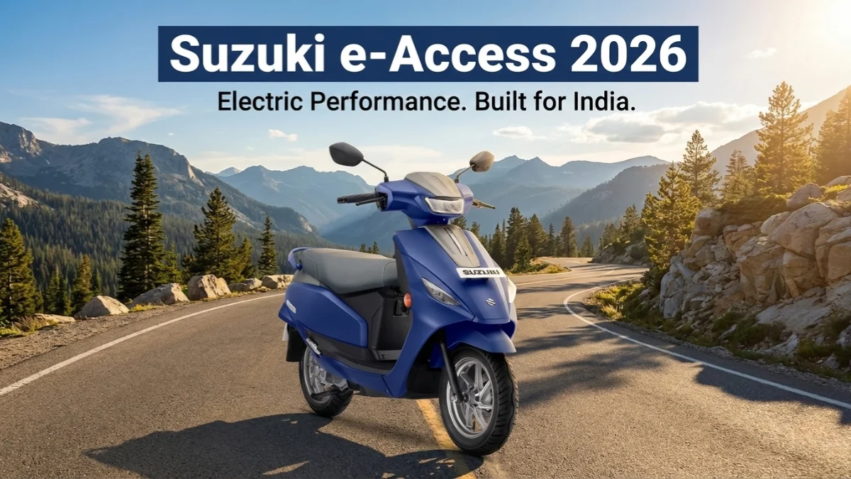 Suzuki e-Access electric scooter in mountain background during 2026 launch