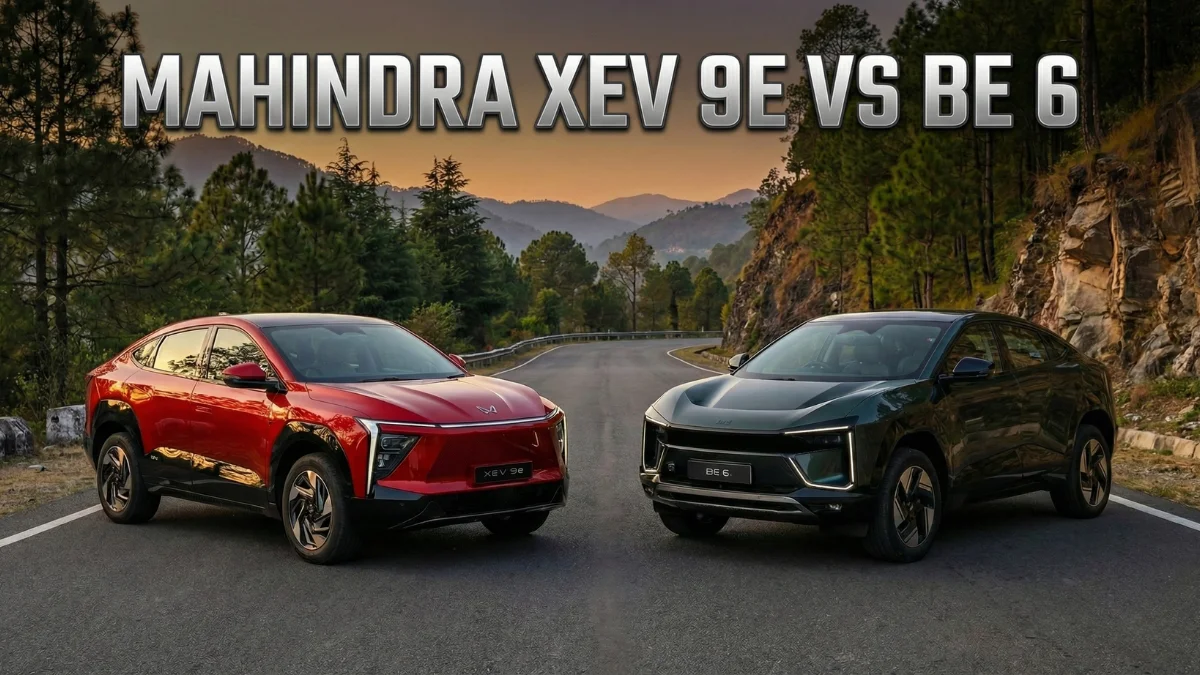 Mahindra BE 6 vs XEV 9e electric SUVs on a scenic hilly road in India
