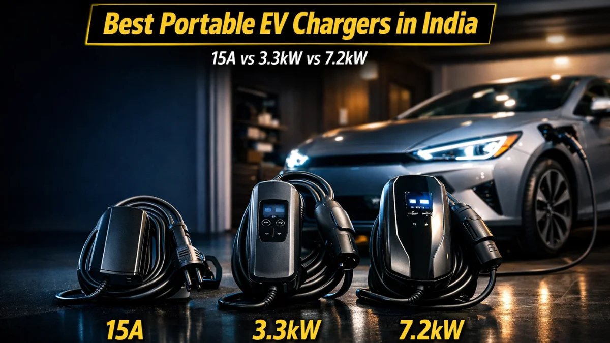 Portable EV charger connected to electric car showing home charging setup in India