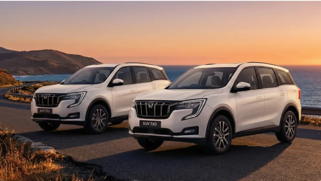 Mahindra XUV 7XO white SUV parked on a scenic road showcasing front design and road presence