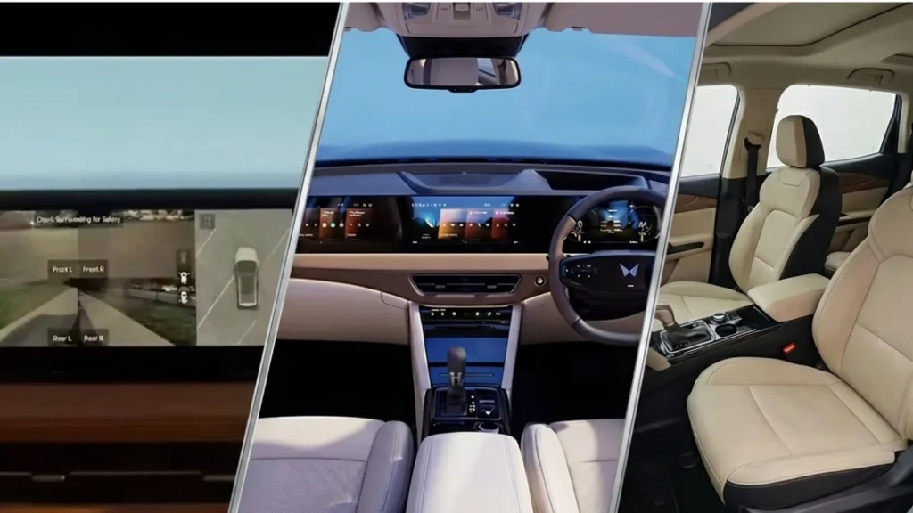 Mahindra XUV 7XO interior showing triple screen dashboard, premium seats and 540-degree camera