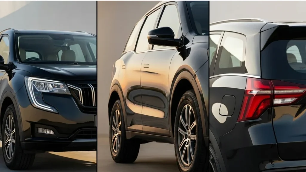 Mahindra XUV 7XO black SUV cinematic exterior views showing front, side and rear design