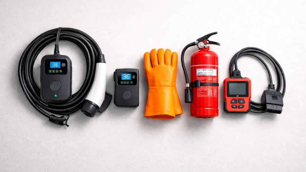 Best EV tools in India including portable EV charger, safety gloves, fire extinguisher and OBD scanner