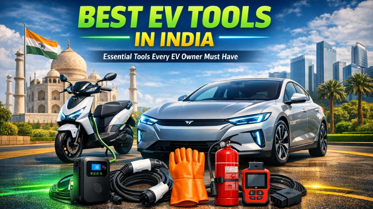 Best EV tools in India displayed with electric car and scooter for EV owners