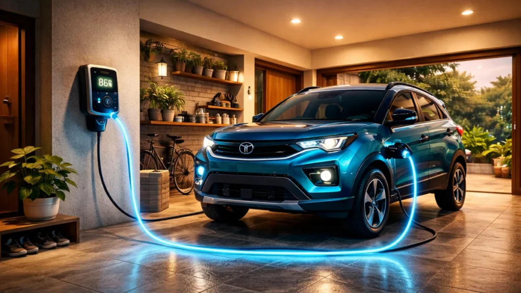 Home EV charging India inside modern house with electric car connected to smart wall charger