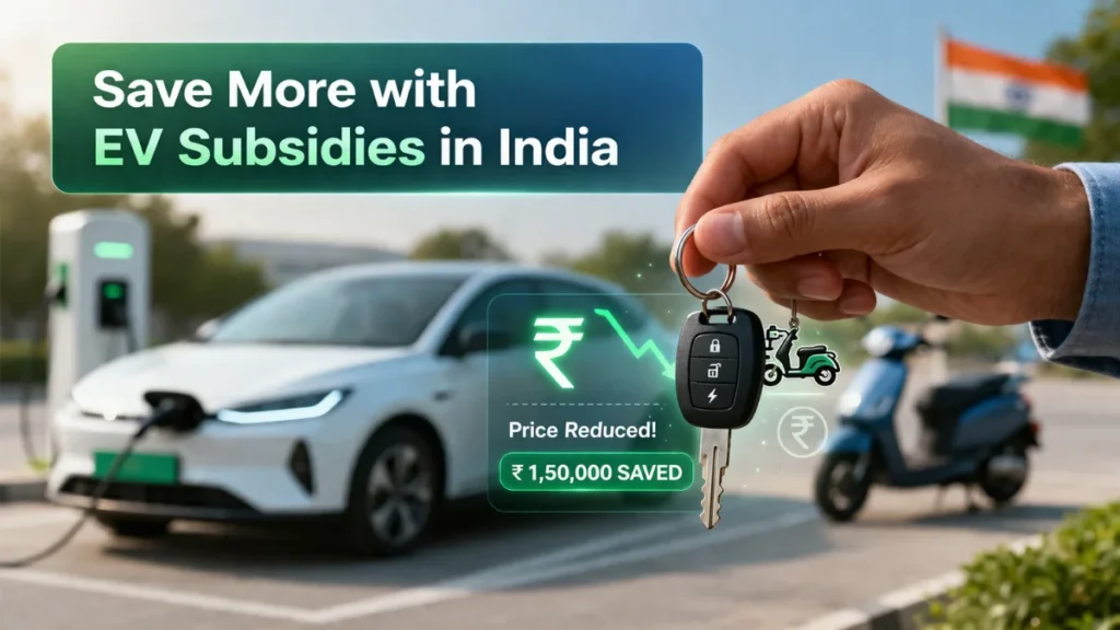 EV subsidy savings in India showing reduced electric vehicle price with charging station and rupee symbol