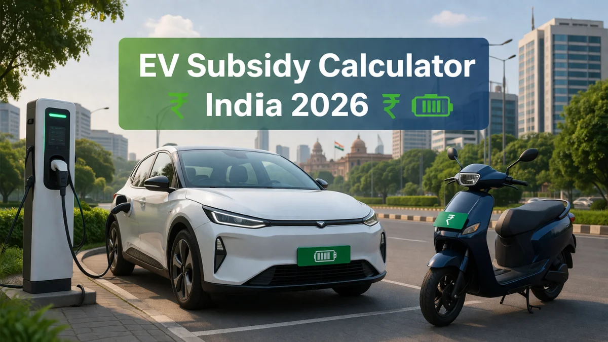 EV Subsidy Calculator India showing electric car and scooter with charging station and subsidy savings concept