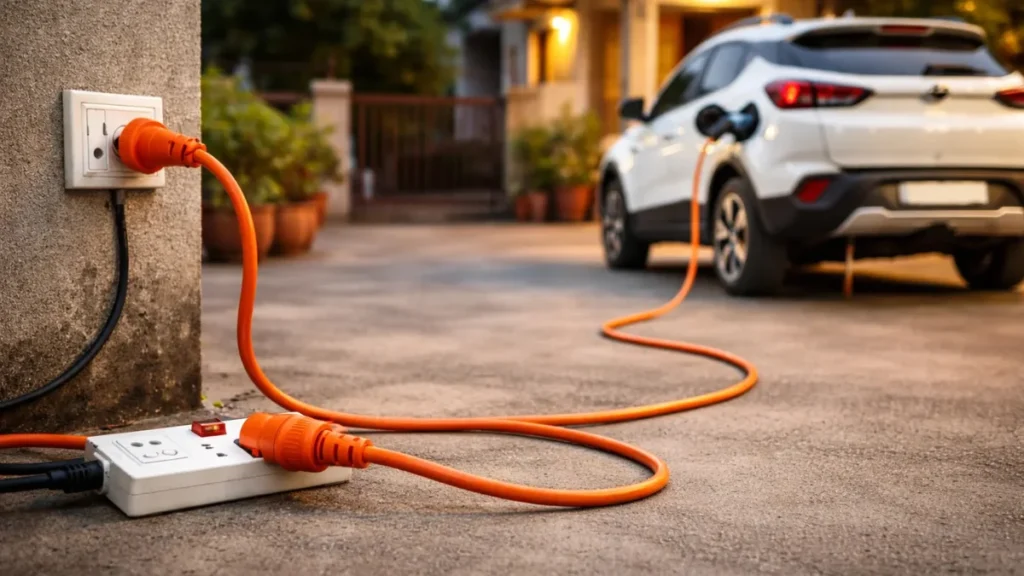 Heavy duty Best EV Charging Extension cable connected to electric vehicle charger at home