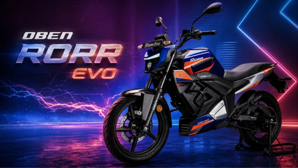 Oben Rorr Evo electric motorcycle showcasing modern design, long range battery and performance-focused features in 2026