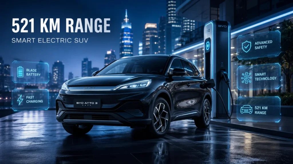 BYD Atto 3 charging at a fast EV charging station showcasing 521 km range and Blade Battery technology