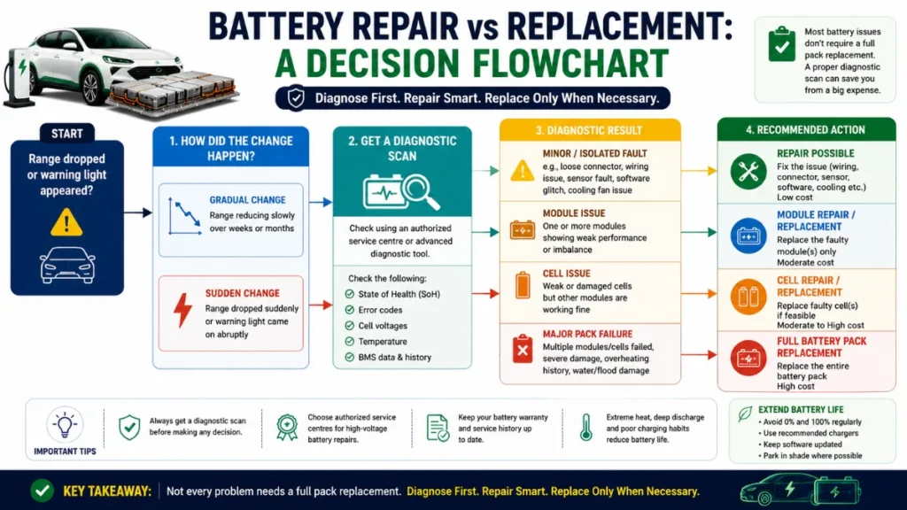 EV battery repair vs replacement decision flowchart showing when to repair, replace modules or replace the full battery pack