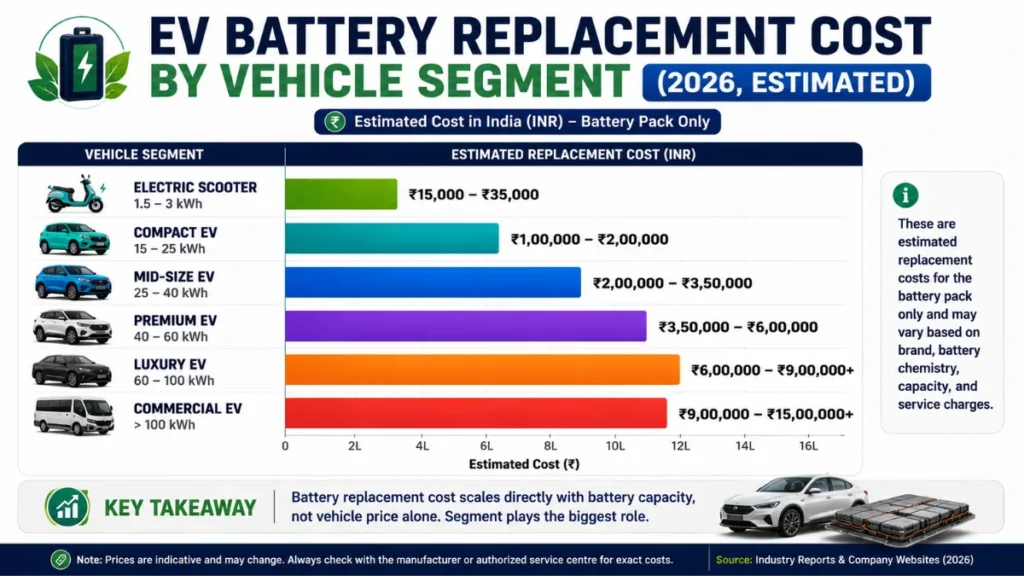 EV battery replacement cost by vehicle segment in India in 2026, from electric scooters to commercial EVs