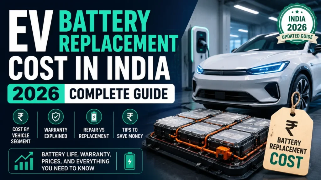 EV battery replacement cost in India 2026 showing an electric car, battery pack and replacement cost