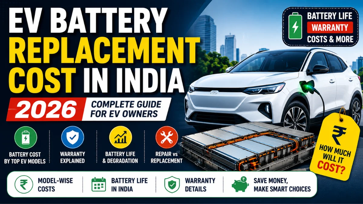EV battery replacement cost in India 2026 showing an electric car and battery pack