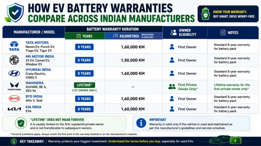 EV battery warranty comparison in India 2026 showing warranty terms from major electric vehicle manufacturers