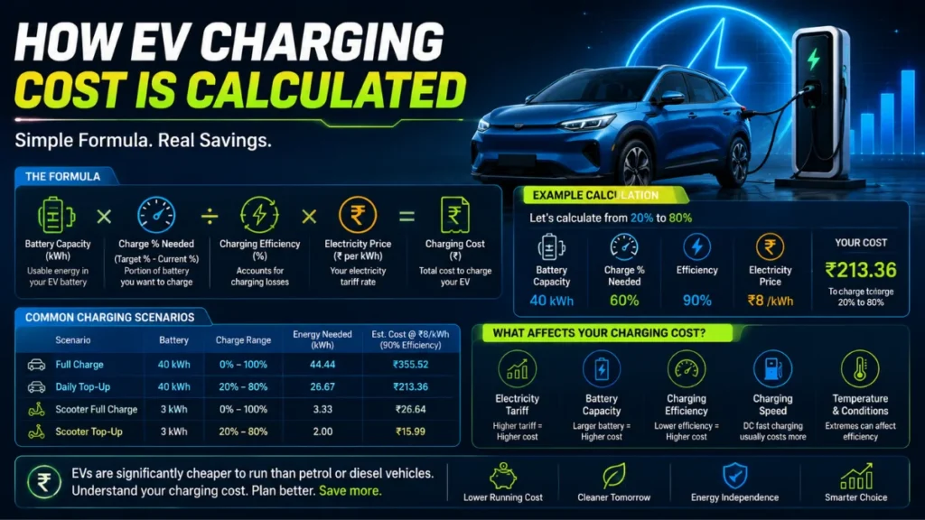 EV charging cost calculator formula showing how to calculate electric vehicle charging cost with an example