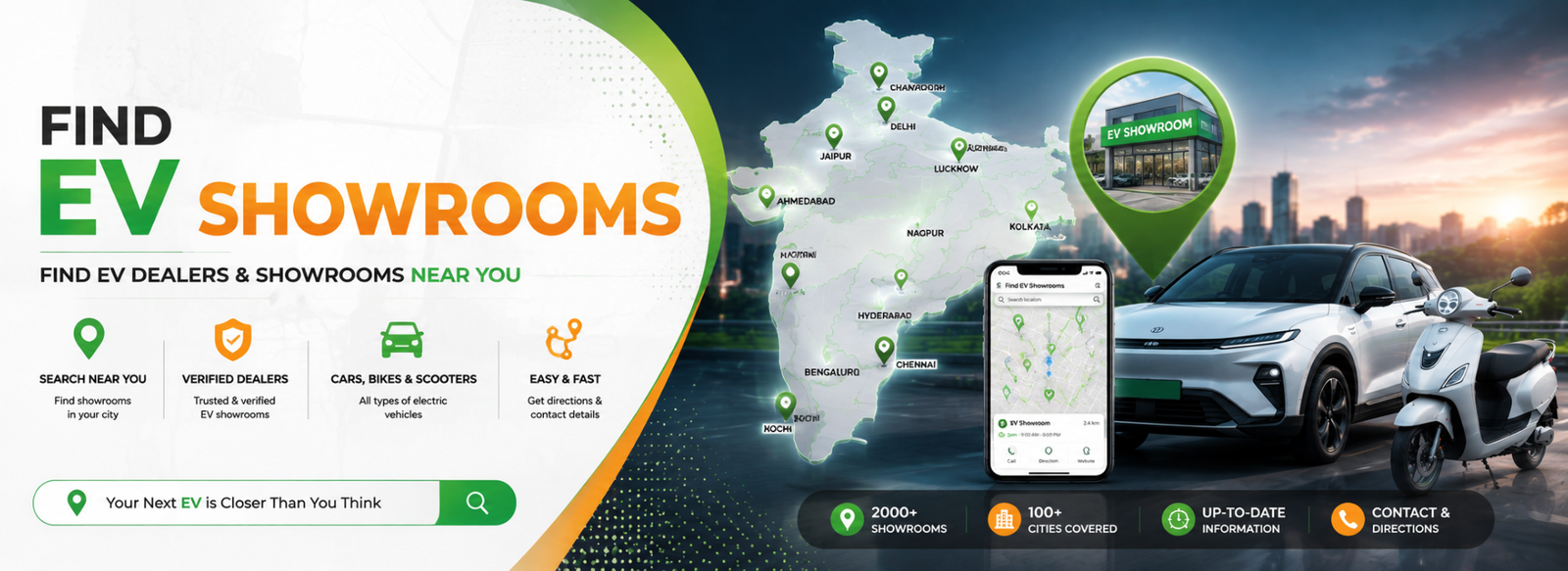 Find EV Showrooms in India - Locate electric car and scooter dealers near you