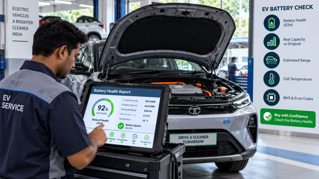 EV battery degradation in India shown through a battery health diagnostic scan