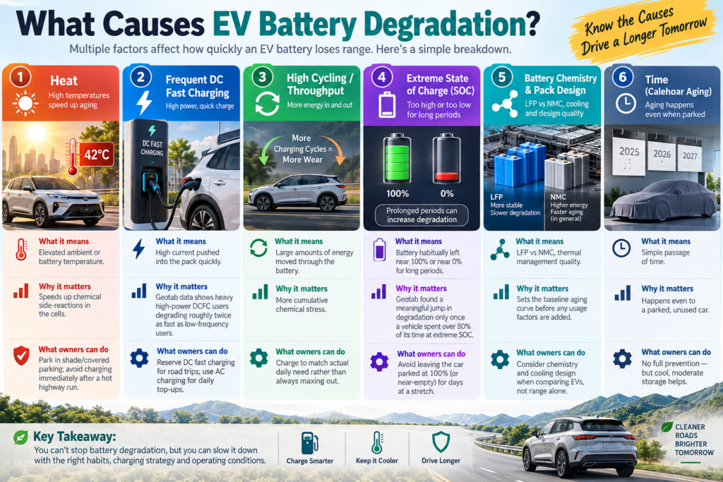 EV battery degradation in India caused by heat, fast charging, cycling, extreme state of charge and aging