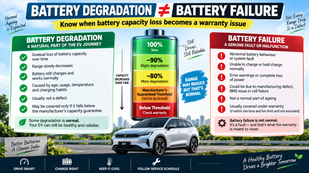 EV battery degradation vs battery failure showing battery capacity and warranty threshold