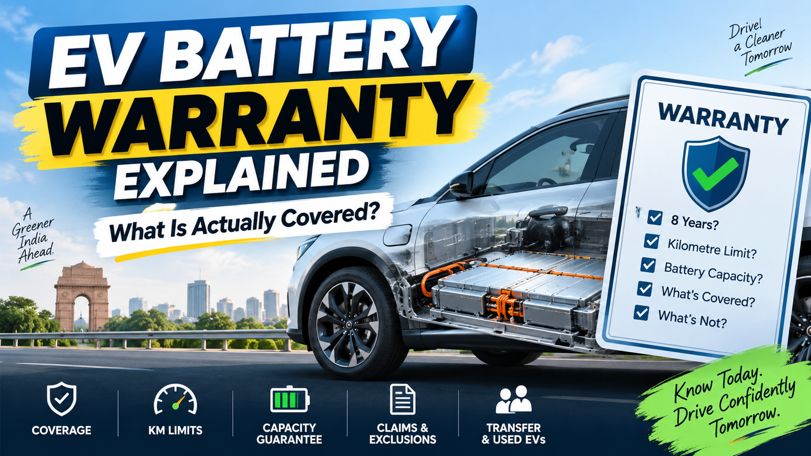 EV battery warranty coverage explained with an electric car battery pack and warranty checklist in India