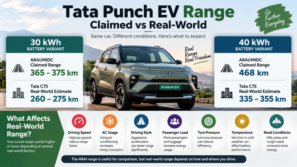 Tata Punch EV Review showing claimed and real-world range for 30 kWh and 40 kWh battery variants