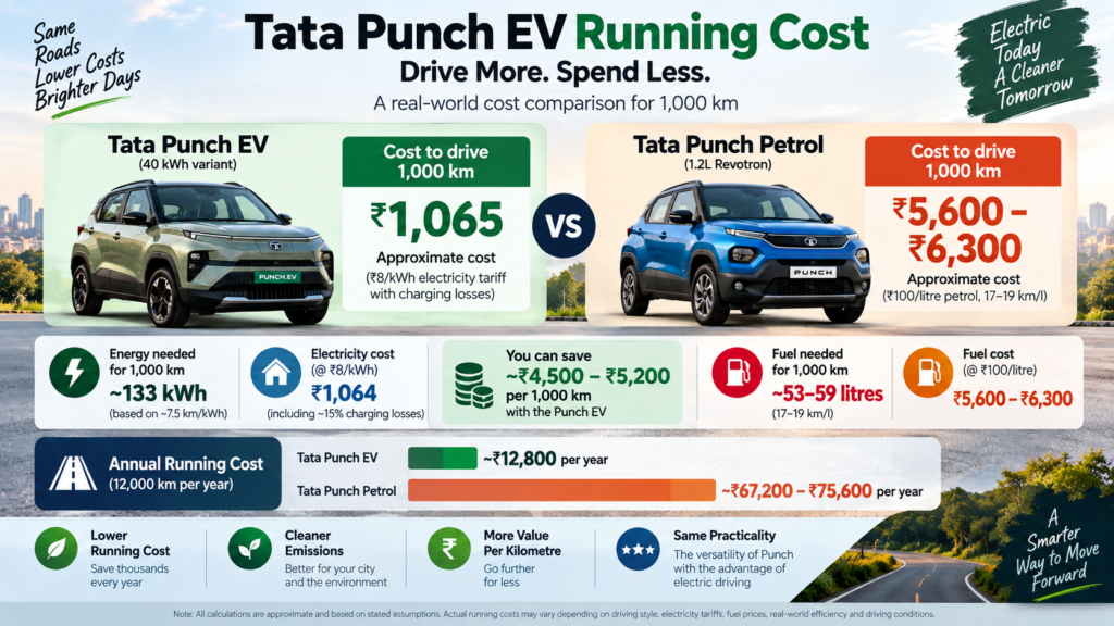 Tata Punch EV Review comparing electric and petrol running costs for 1,000 km