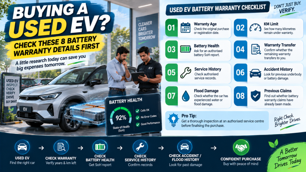 Used EV battery warranty checklist showing warranty age, km limit, battery health, transfer and damage history