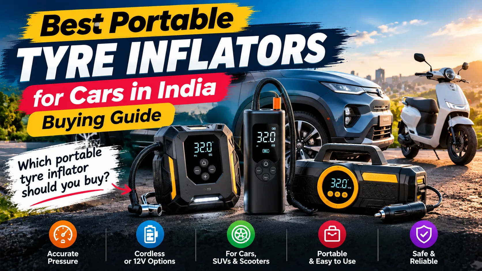 Portable tyre inflators for cars and electric scooters in India, featuring cordless and 12V wired models with digital pressure displays.