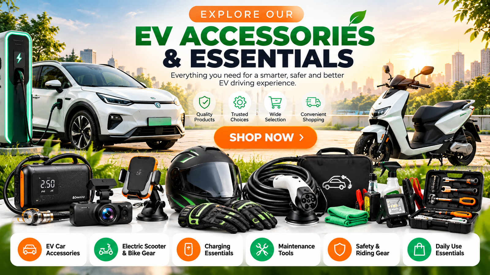 EV accessories and essentials featuring an electric car, electric scooter, EV charging equipment, helmet, riding gloves, tyre inflator, dash camera, and maintenance tools.