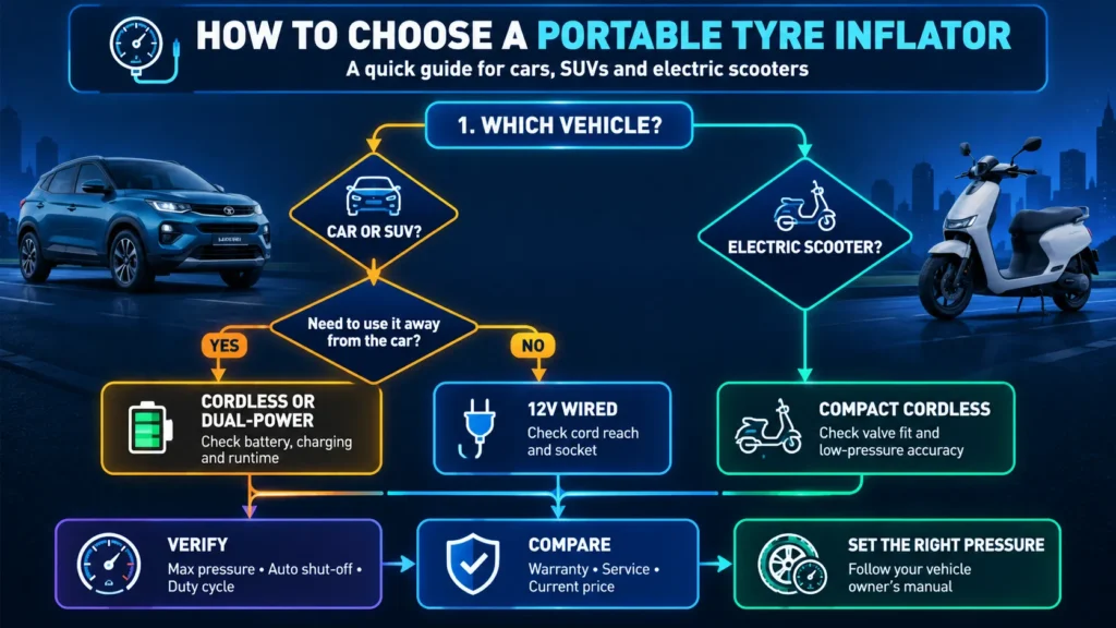 A decision-flow infographic showing how to choose a portable tyre inflator for cars, SUVs and electric scooters, comparing cordless, dual-power and 12V wired options, with pressure and safety checks.