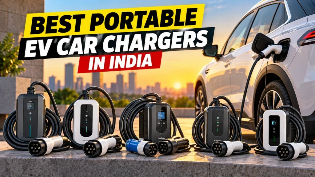 Portable EV car chargers with charging cables beside an electric car