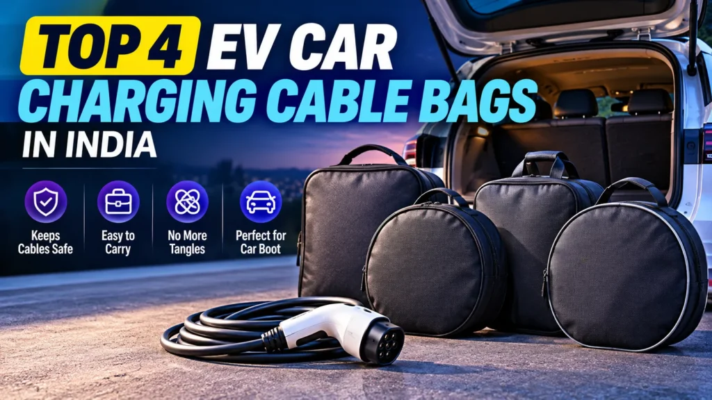 Four EV car charging cable bags beside a coiled electric car charging cable in a car boot.