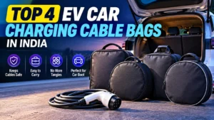 Four EV car charging cable bags beside a coiled electric car charging cable in a car boot.