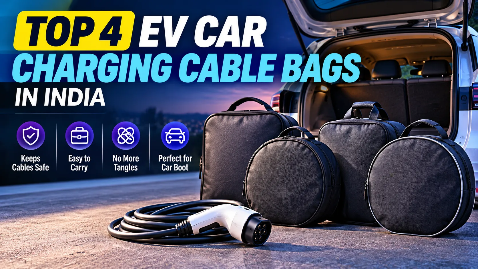 Four EV car charging cable bags beside a coiled electric car charging cable in a car boot.