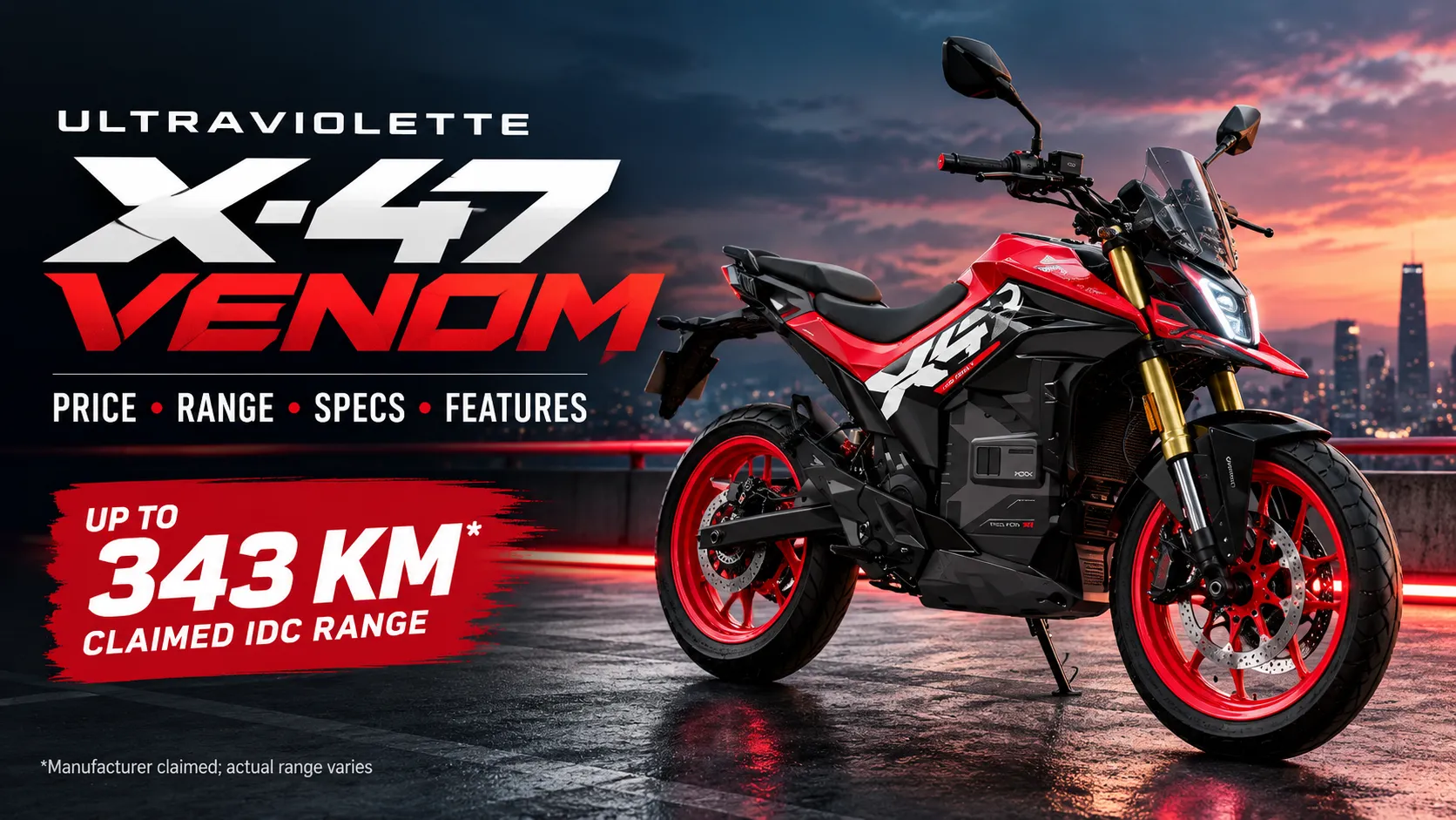 Ultraviolette X-47 Venom electric motorcycle in red and black, featuring a sporty design.