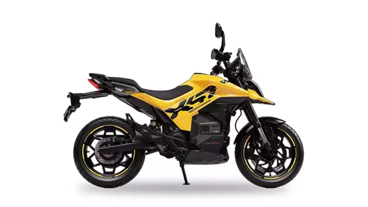 Ultraviolette X-47 Venom electric motorcycle in Afterburner Yellow with black graphics and contrasting wheel accents.